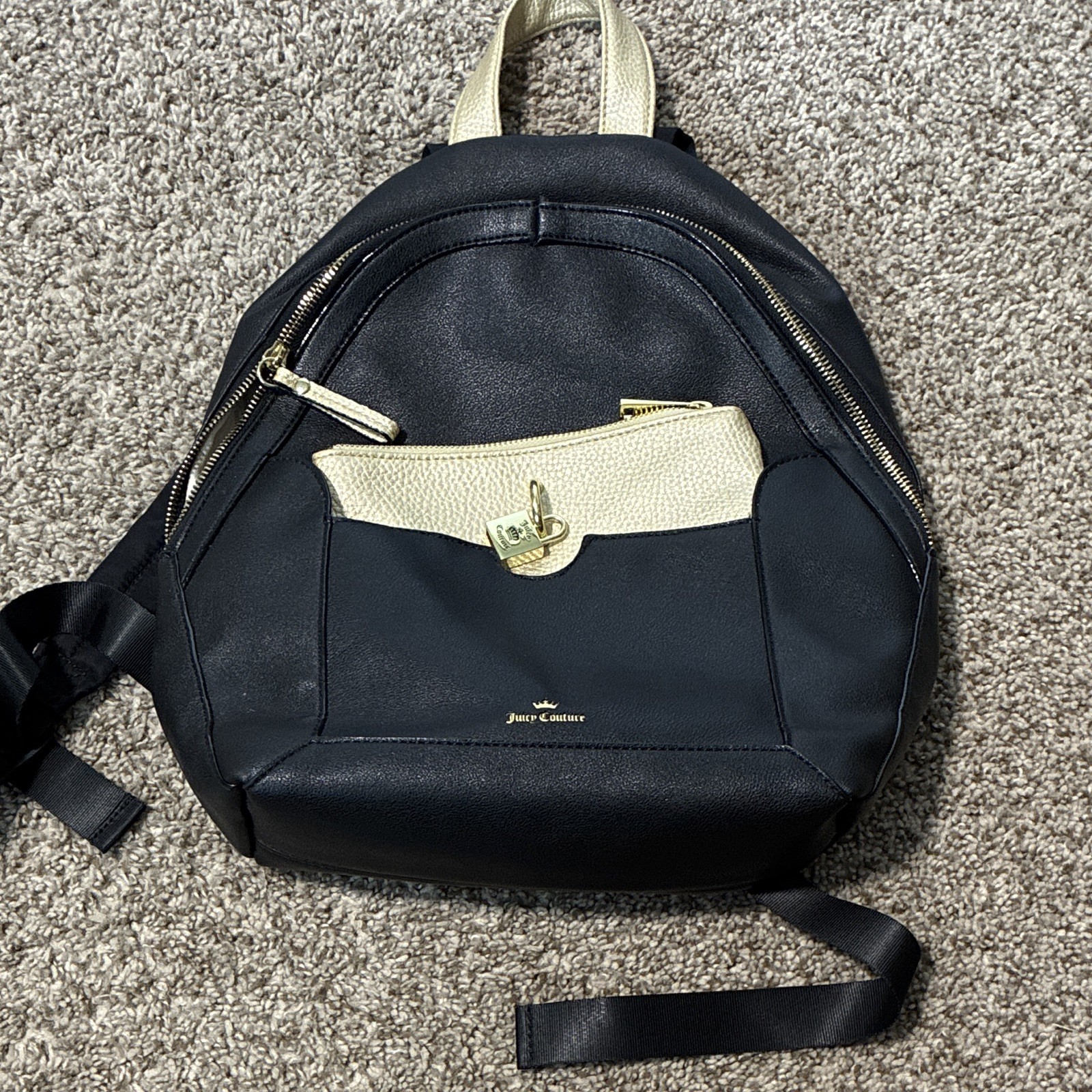 Juicy Couture Black/Beige Dome Backpack Zip Gold Hardware Lined Pockets Charm
