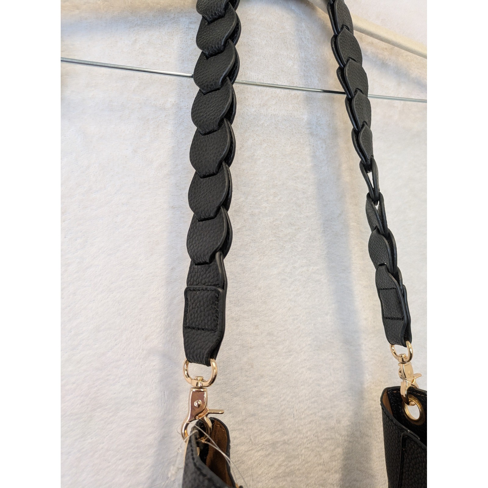 SevenDays Black Pebbled Faux Leather Bucket Bag Braided Strap NWT