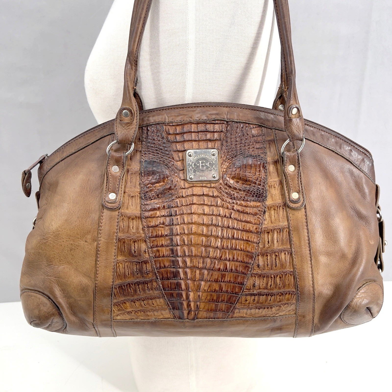 Vintage Genuine Crocodile Skin Leather Brown Shoulder Bag Purse Satchel Large