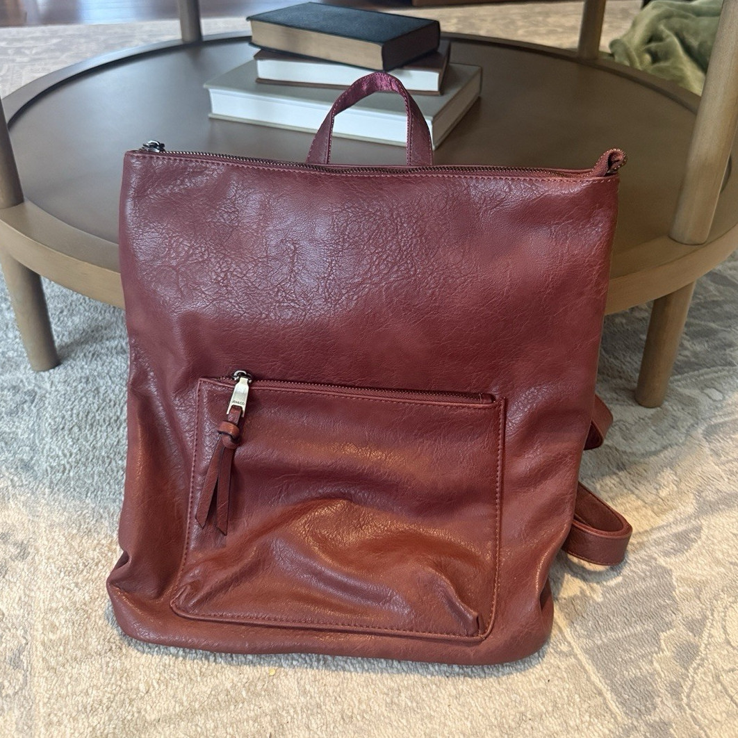 Jen & Co Women’s Vegan Burgundy Backpack Zip Closure Top Handle Zipper Accents