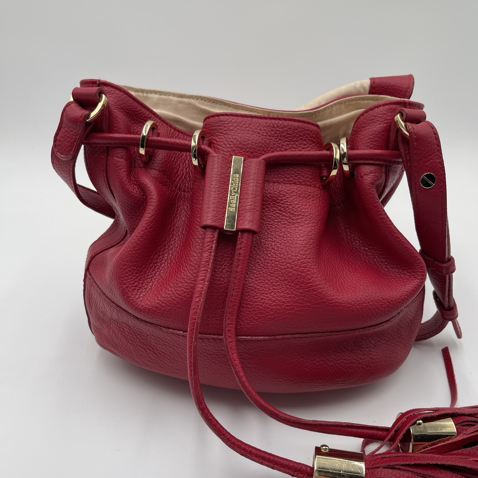 See by Chloe Vicki Saddle Bucket & Drawstring Crossbody Bag Purse Tassels Red
