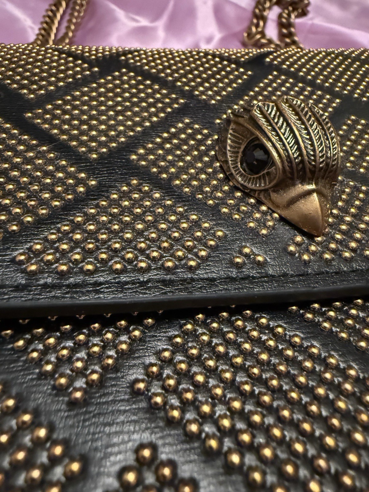 Kurt Geiger Shoreditch Cross Body, Black Leather, Gold Studded, Brass Eagle NWOT