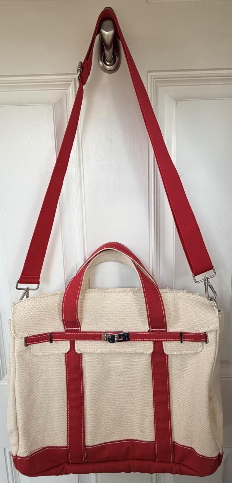 Sunwin Madaket Large Classic Tote Red & Cream Canvas Crossbody Strap Added EUC