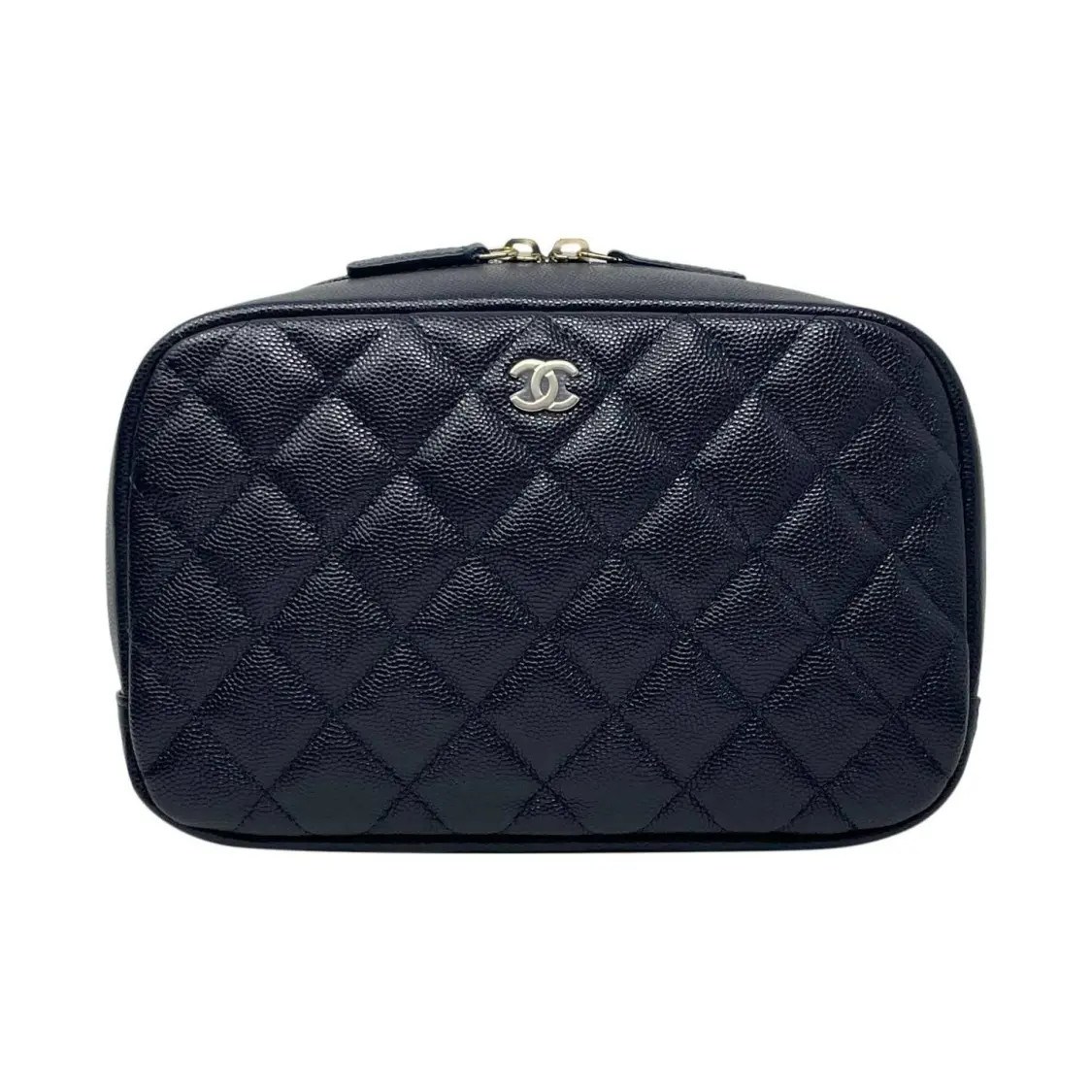 CHANEL Grid Particle Embossed Zipper Makeup Bag Handbag Women’s 8x5x2.7 in