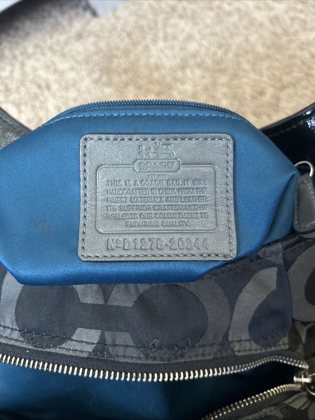 COACH C1276-20244 Madison Tote Black Patent Leather Canvas Blue Sateen Interior