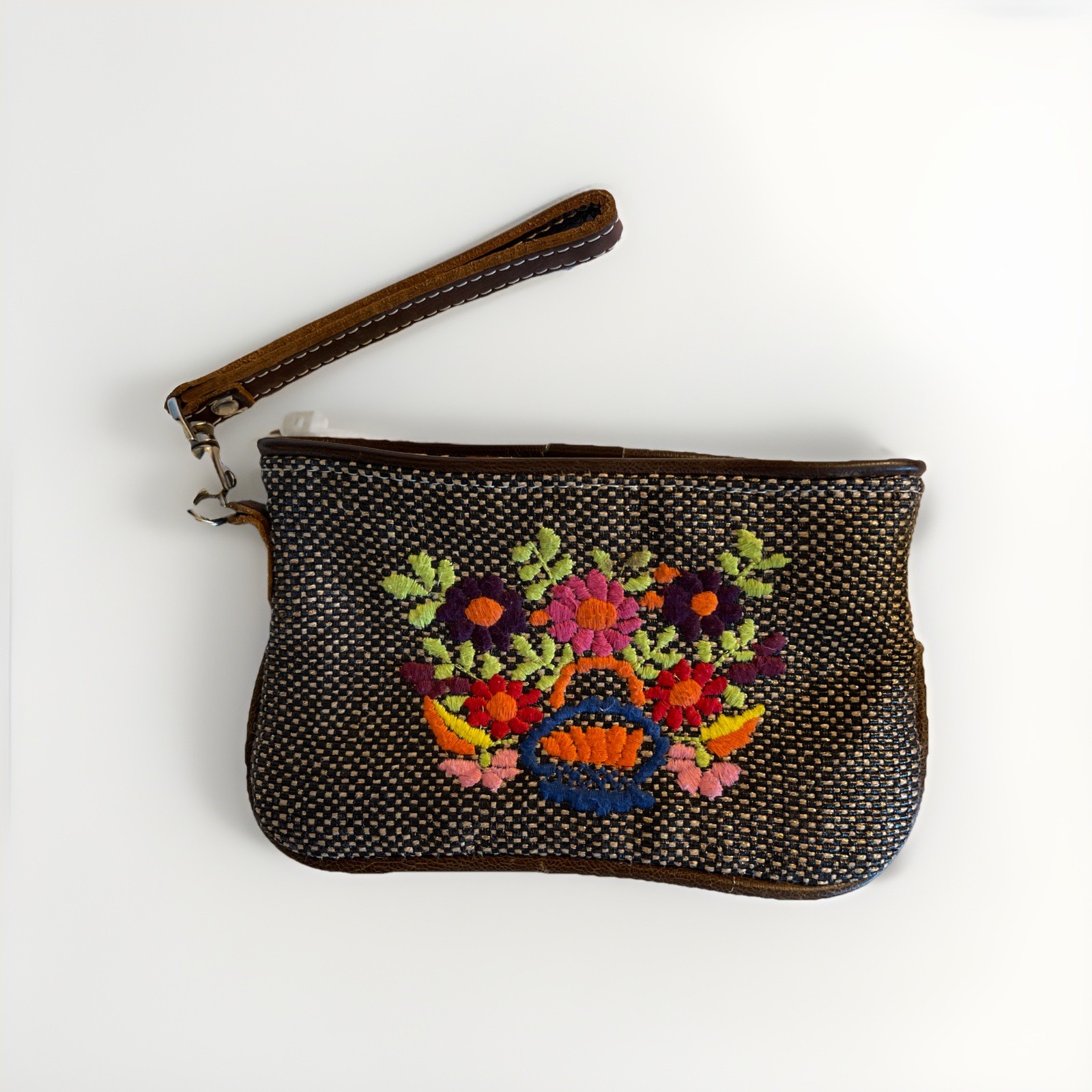 Retired Consuela Embroidered Floral Wristlet Pouch Textile Leather Trim Leopard