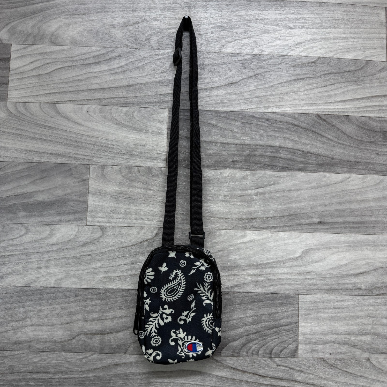 Champion Originals Crossbody Phone Bag Black Paisley Print Logo Adjustable Print