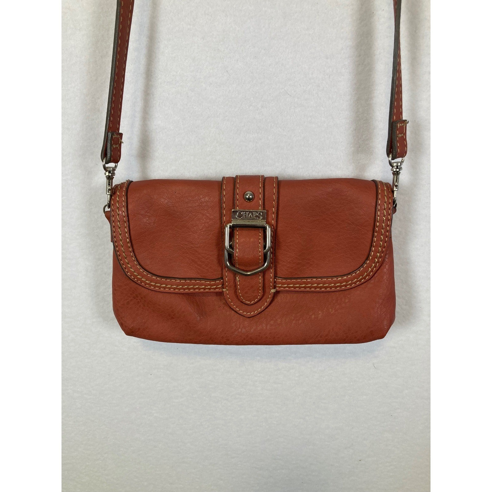 Chaps Crossbody Bag Womens Small Cognac Brown Faux Leather Buckle Detail