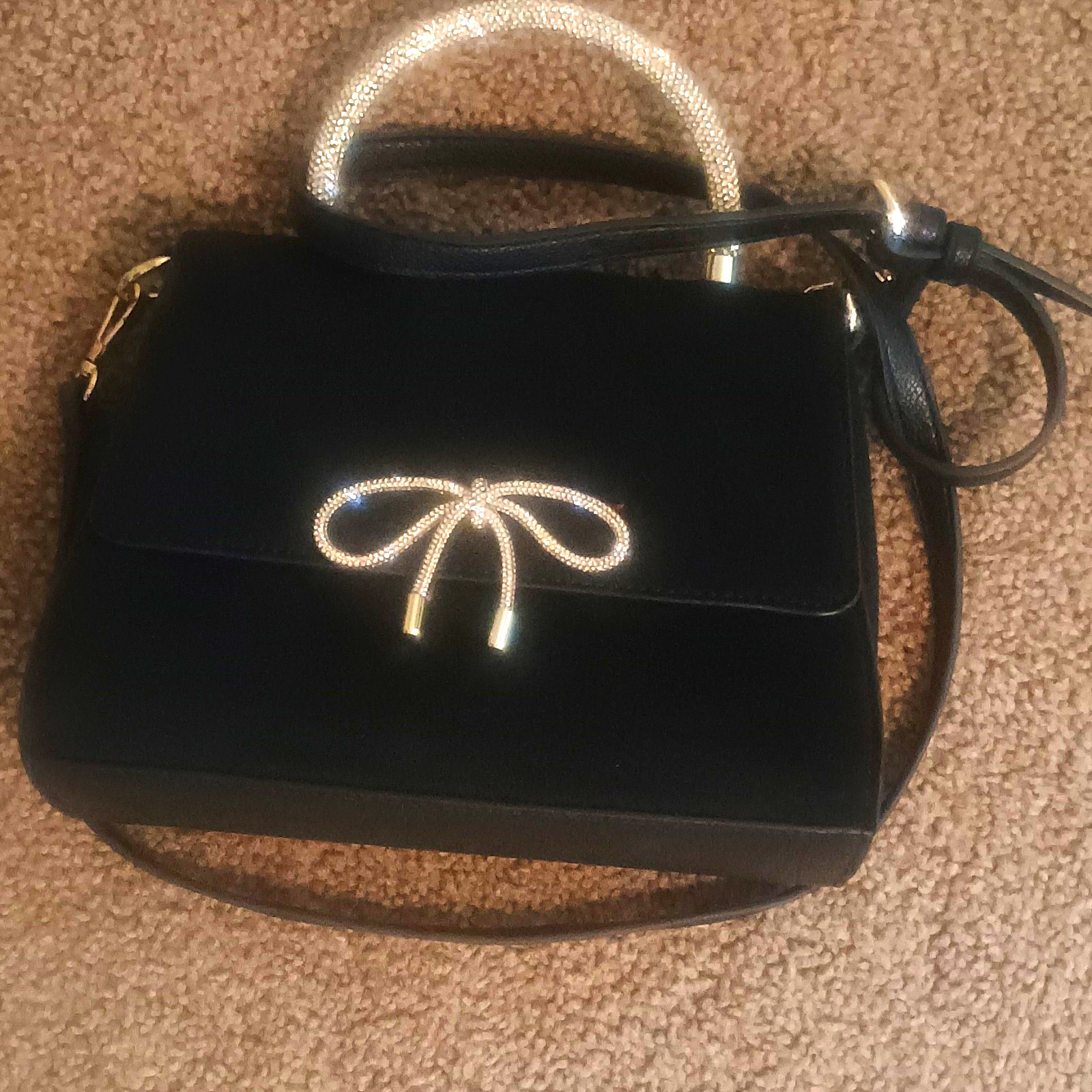 Black Women’s Bow Satchel Top Handle Bag, Zip Closure, Detachable Crossbody