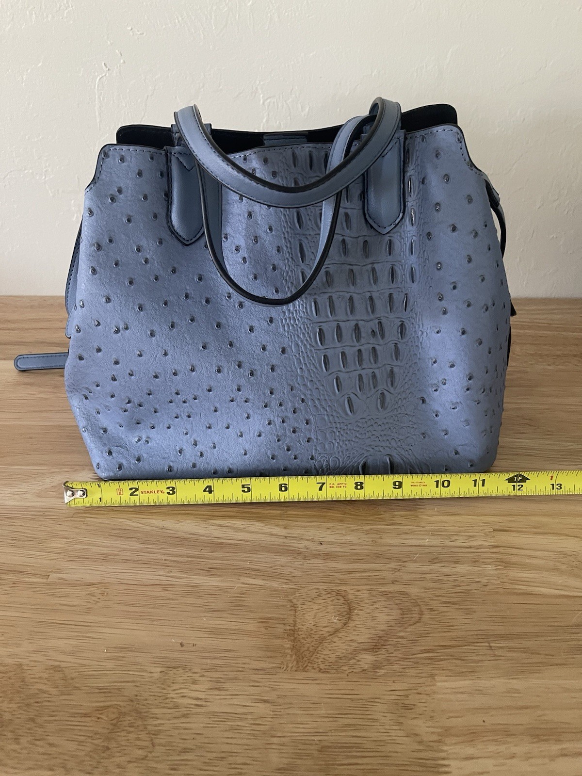 Blue Embossed Animal Print Satchel Top Handle Zip Lined Pockets Gold Medium