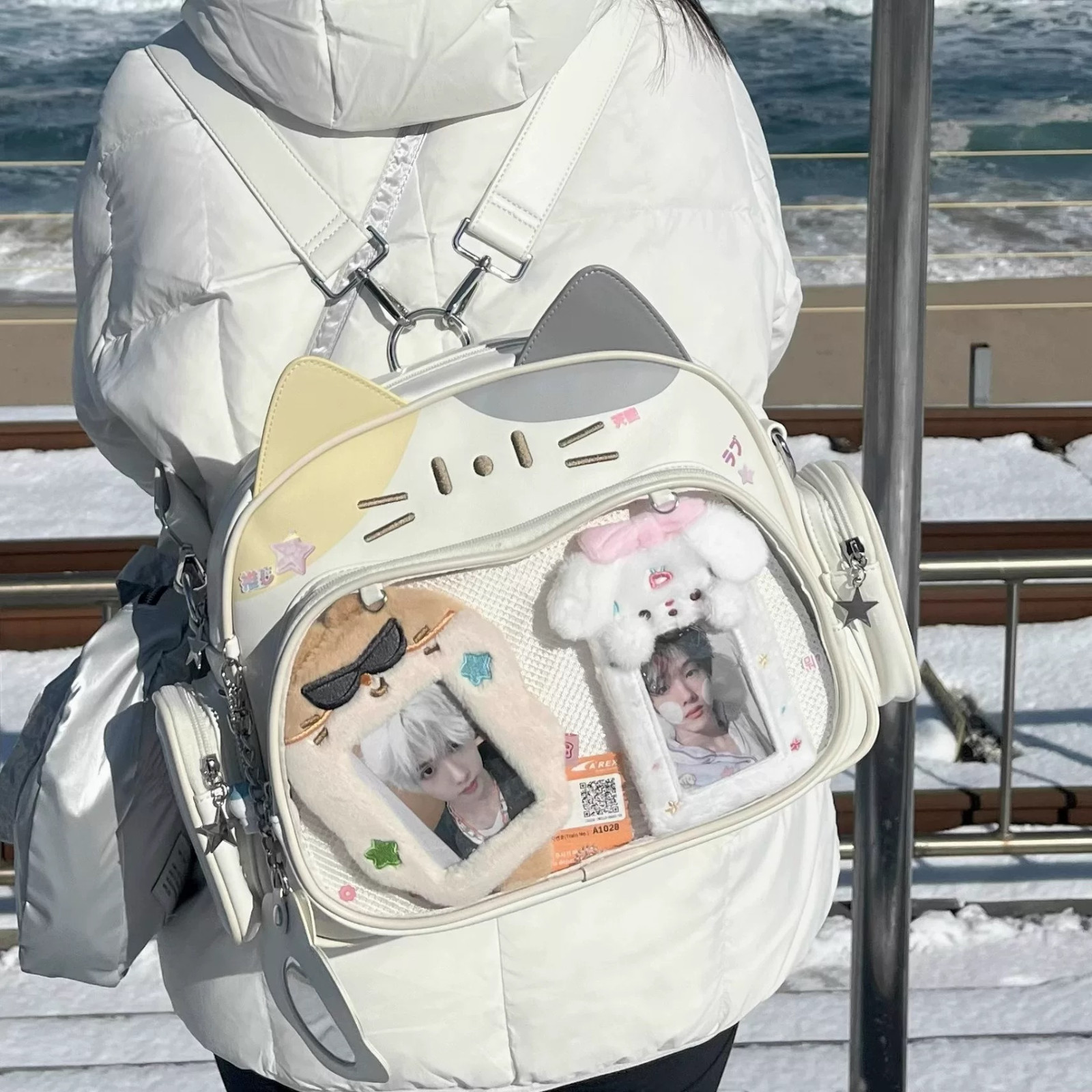 Kawaii Cat Whiskers Embroidery Ita Backpack Cute Anime Clear Window Display Bag