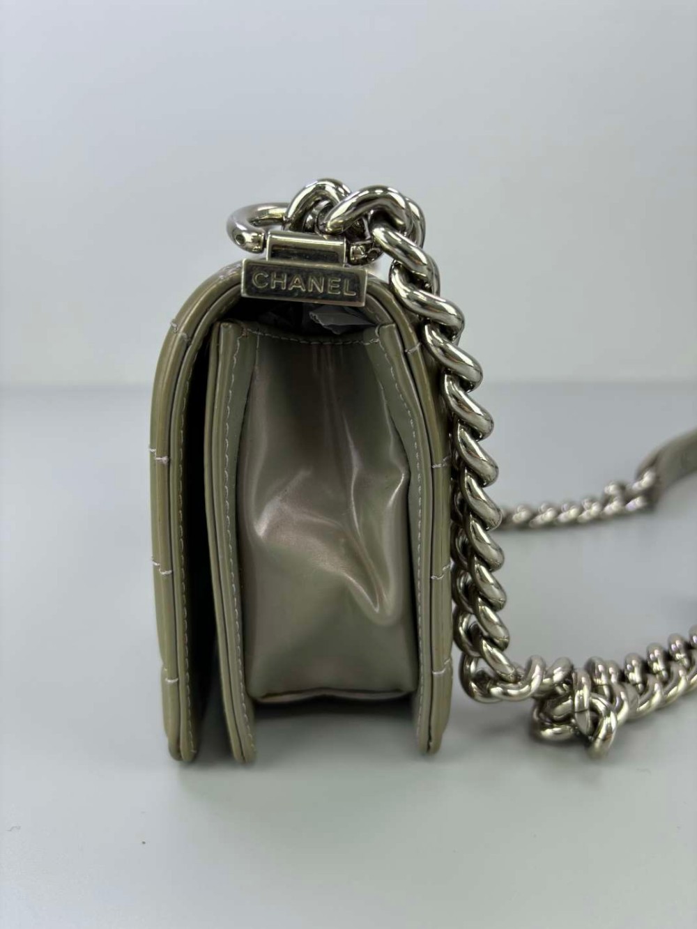 Chanel le boy Smooth cowhide embossed logo shoulder bag silver gray small