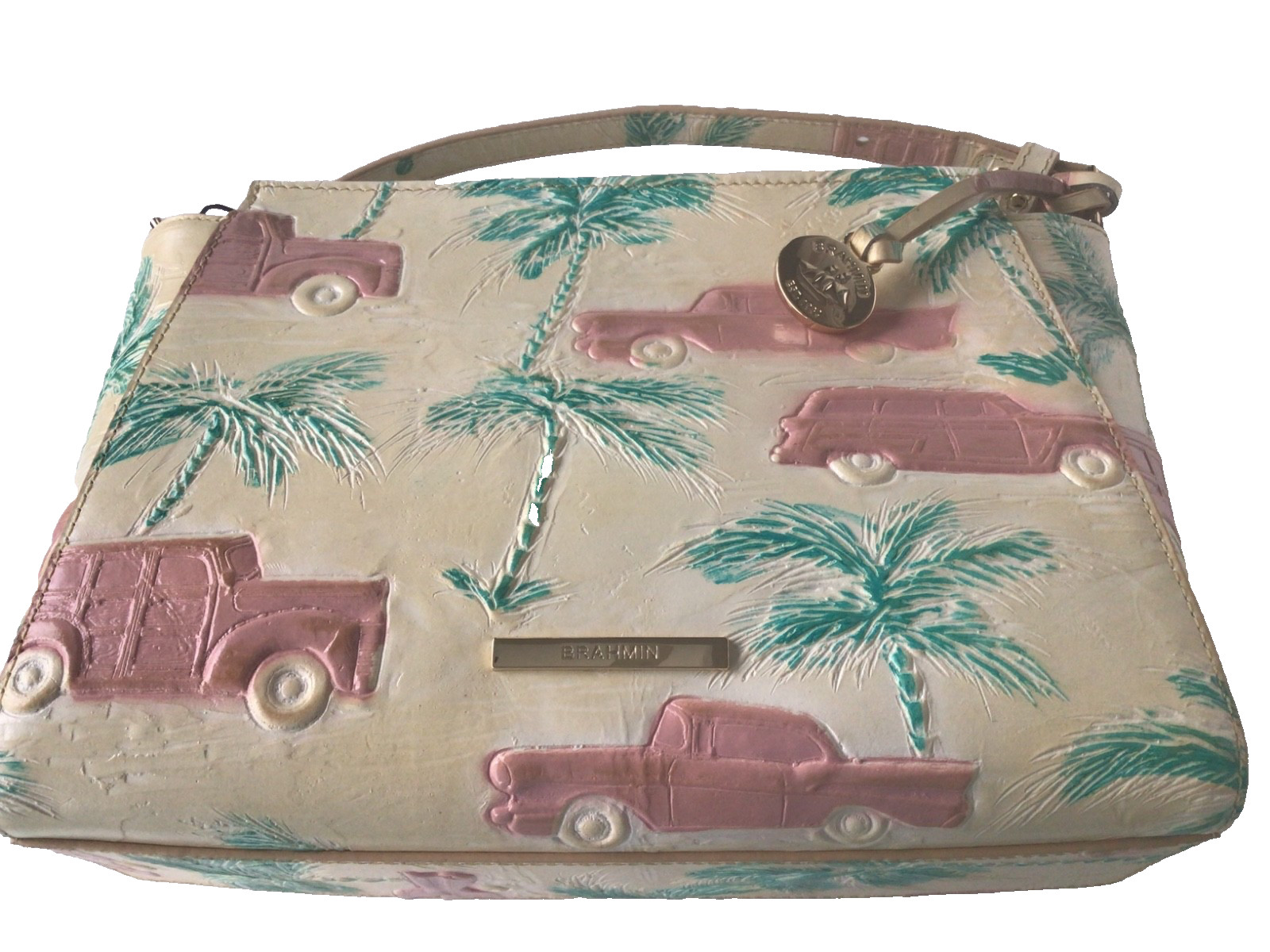 Brahmin Hillary Crossbody~ Copa Cabana Honey Crème Palm Trees Woody Cars NWT 🌴