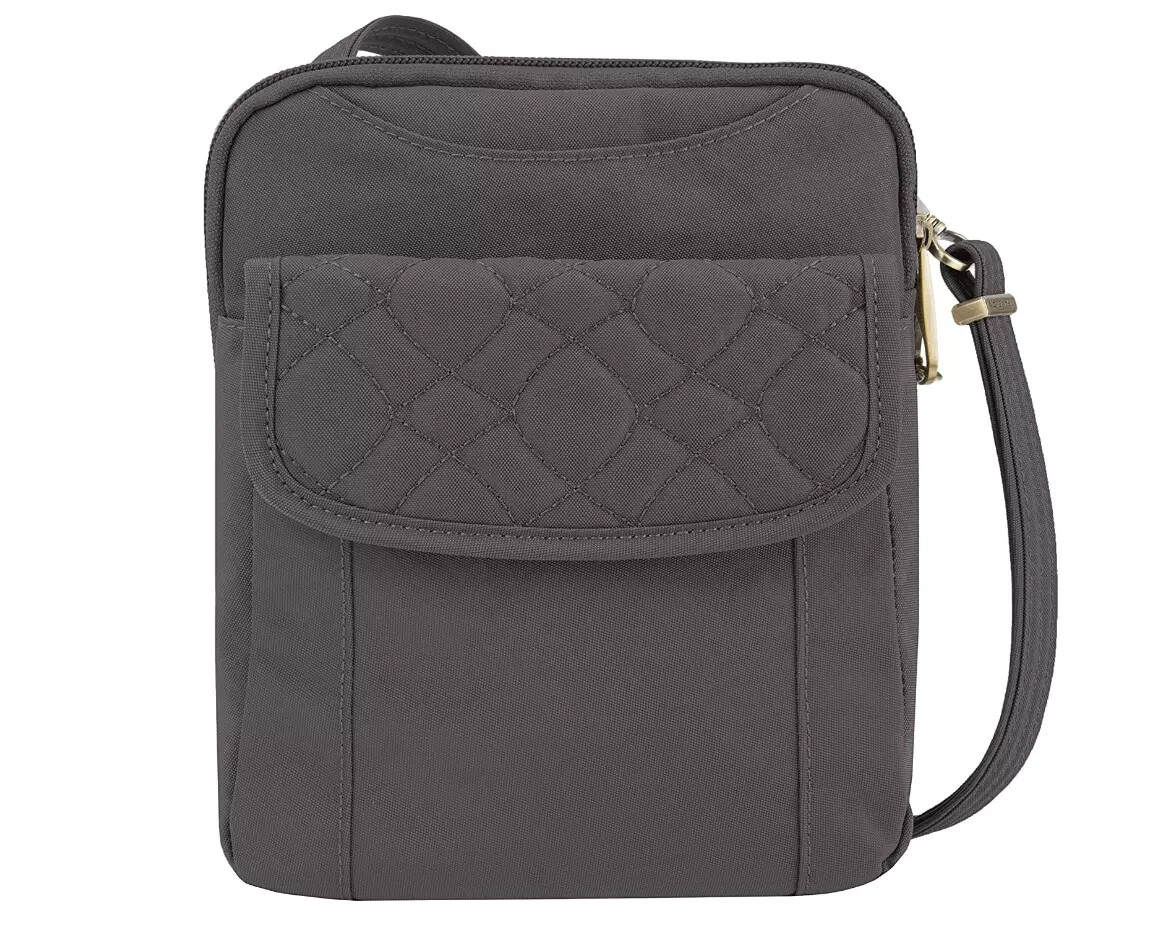 Travelon Anti-Theft Signature Quilted Slim Pouch Crossbody, Smoke & Ocean-NWT