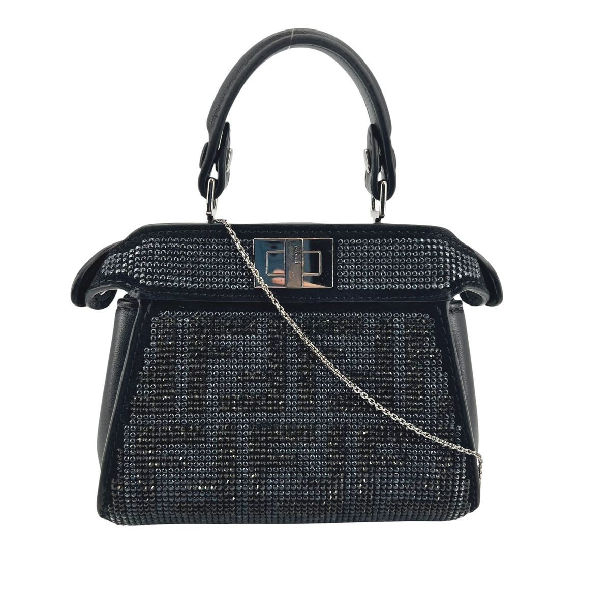 Fendi Nano Peekaboo Crystal Crossbody Bag Leather Black Used Item From Japan F/S