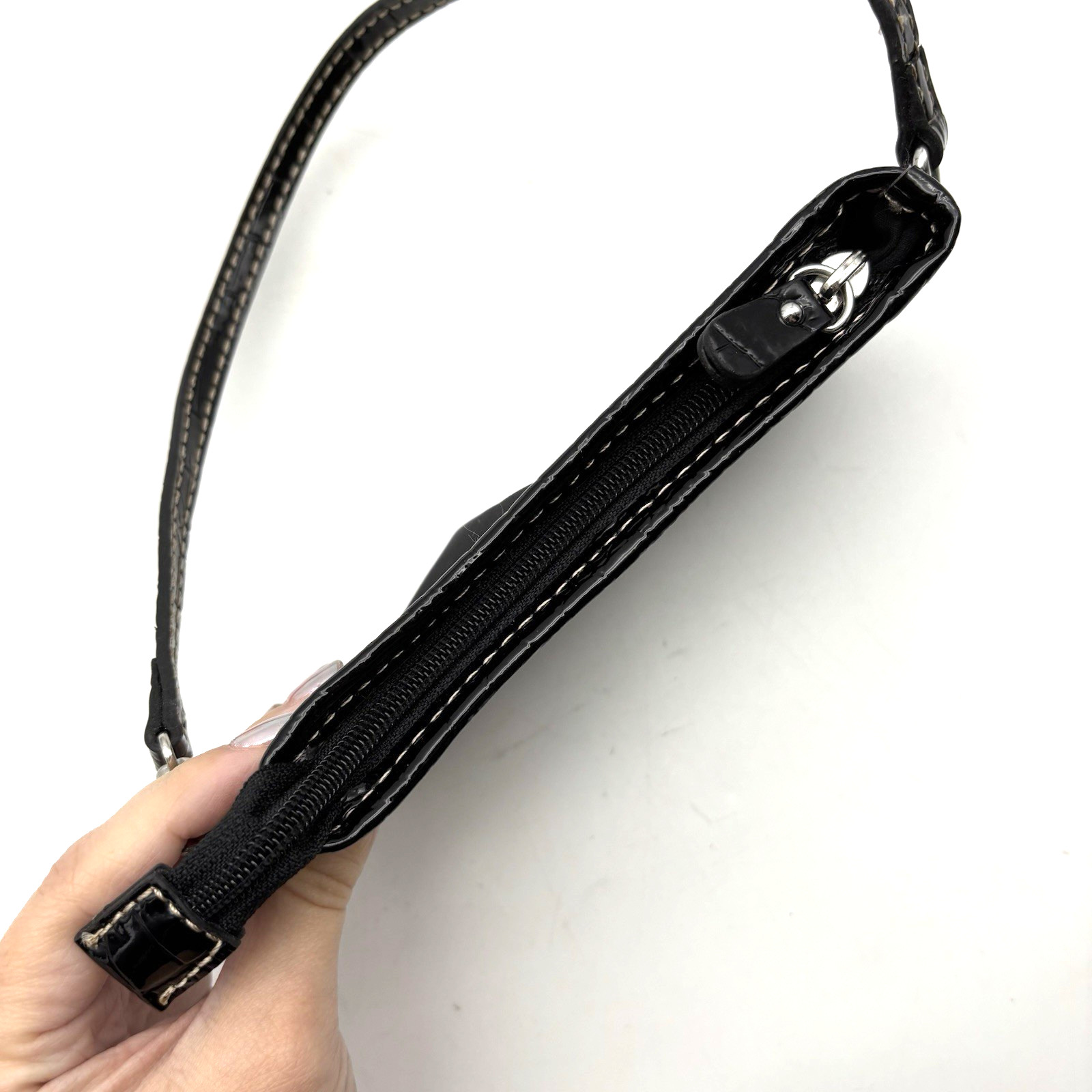 Liz Claiborne Black Polyester Faux Patent Trim Micro Wristlet Pouch Purse 7.25″