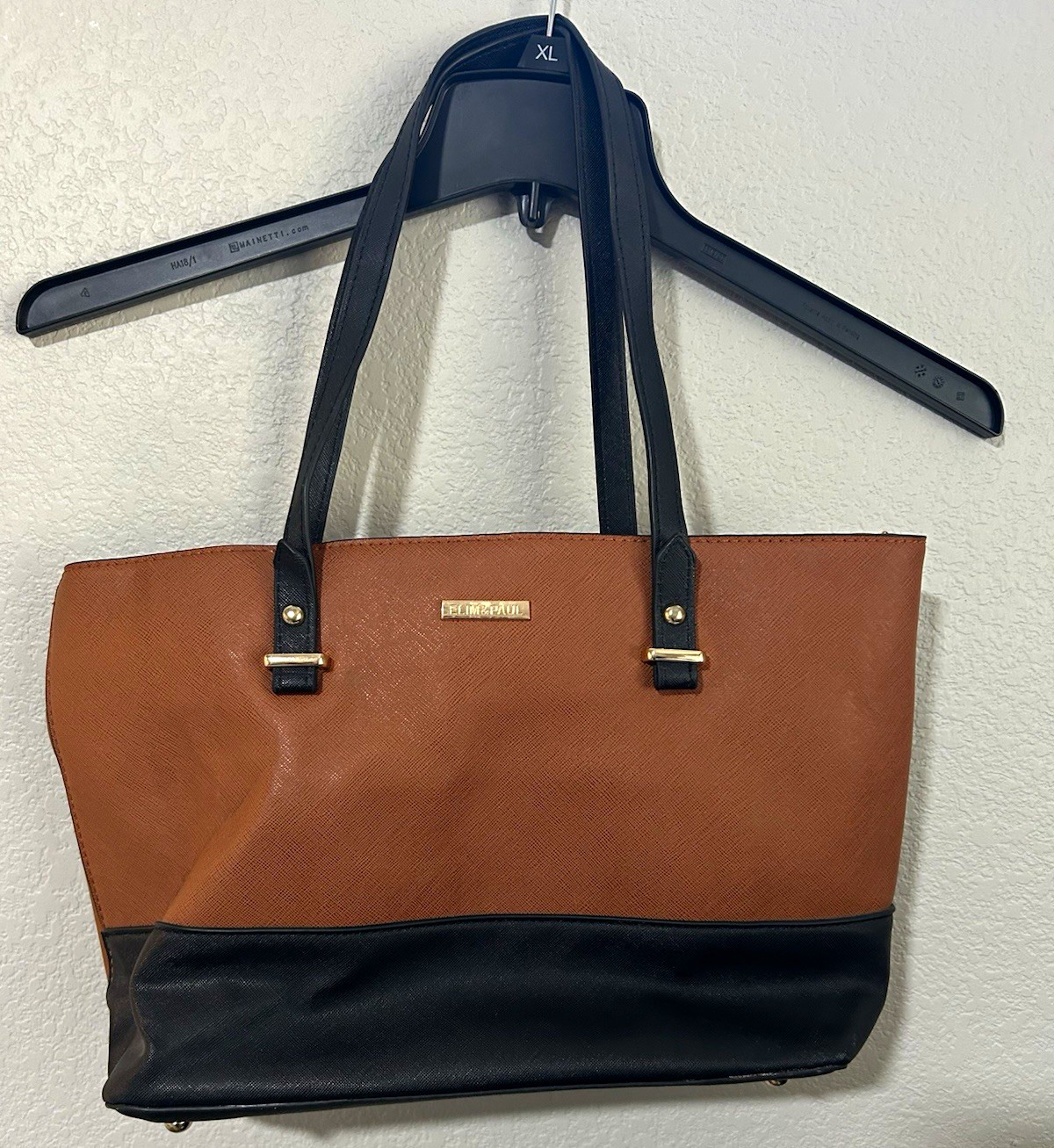 ELLE & PAUL Brown/Black Colorblock Zip Tote Bag, Lined, Inner Pockets