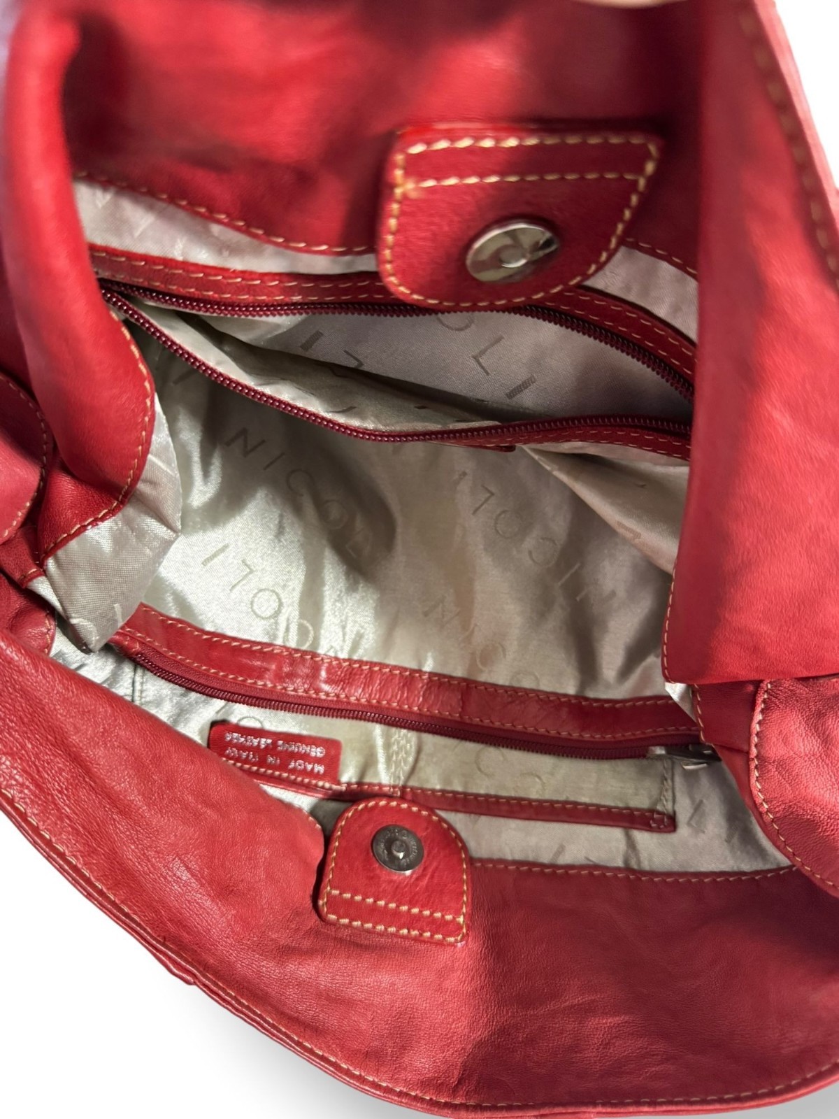 Nicoli Red Leather Shoulder Bag Adjustable Strap Soft Stitch Detail