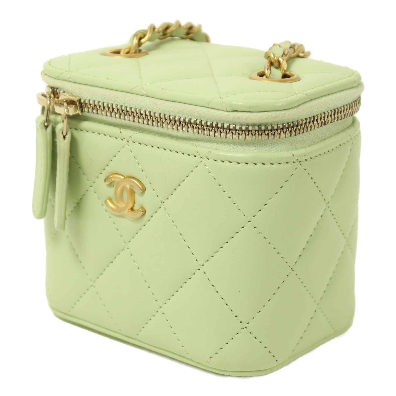CHANEL CC GHW Vanity Case Gold Ball Chain Shoulder Bag Lambskin Light Green