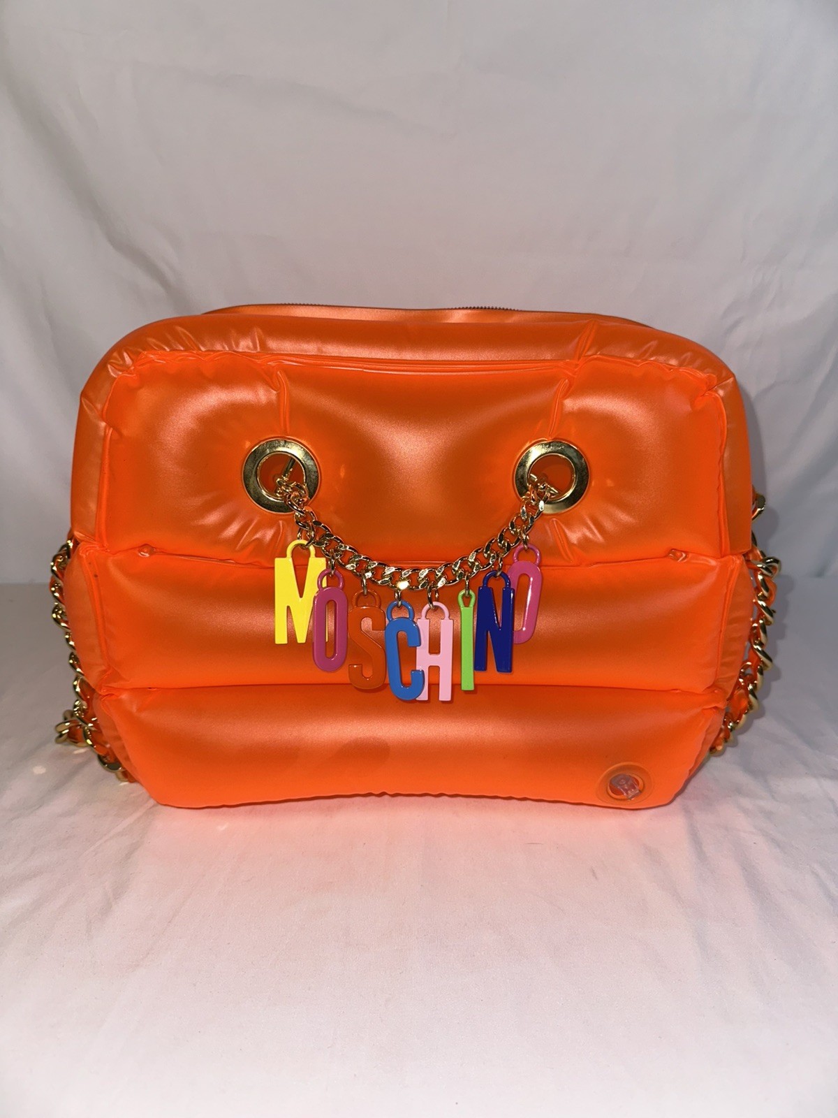SS23 Moschino Couture Orange Inflatable Crossbody Bag with Logo Charm & Chains