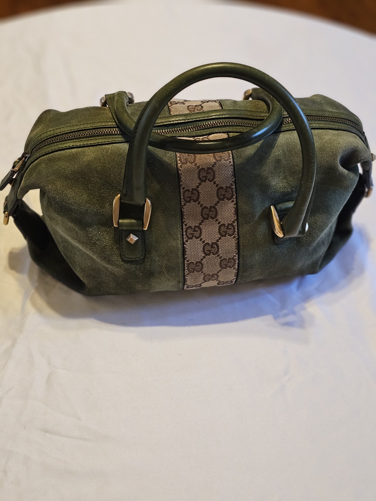 Gucci Green Satchel Top Handle Bag GG Pattern Zip Gold Hardware Inner Pockets