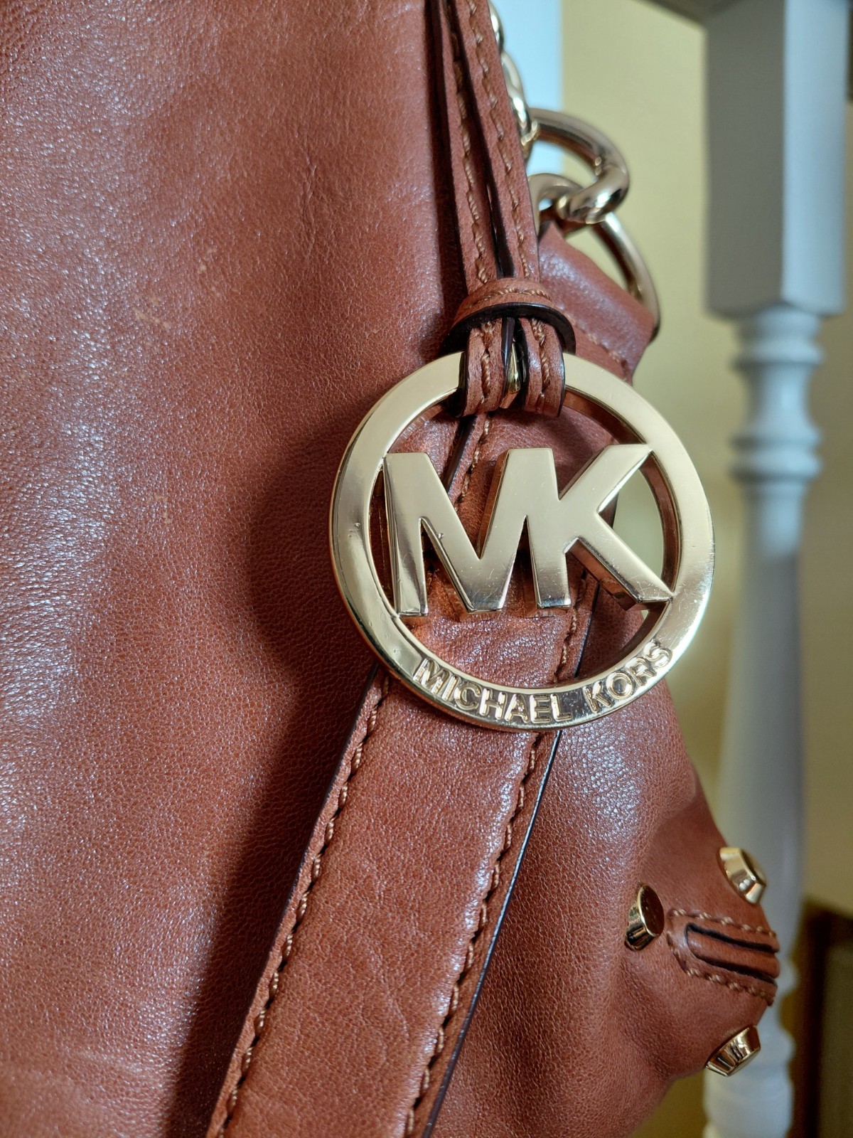 Michael Kors Uptown Astor Large Studded Leather Hobo Shoulder Bag Cognac Brown