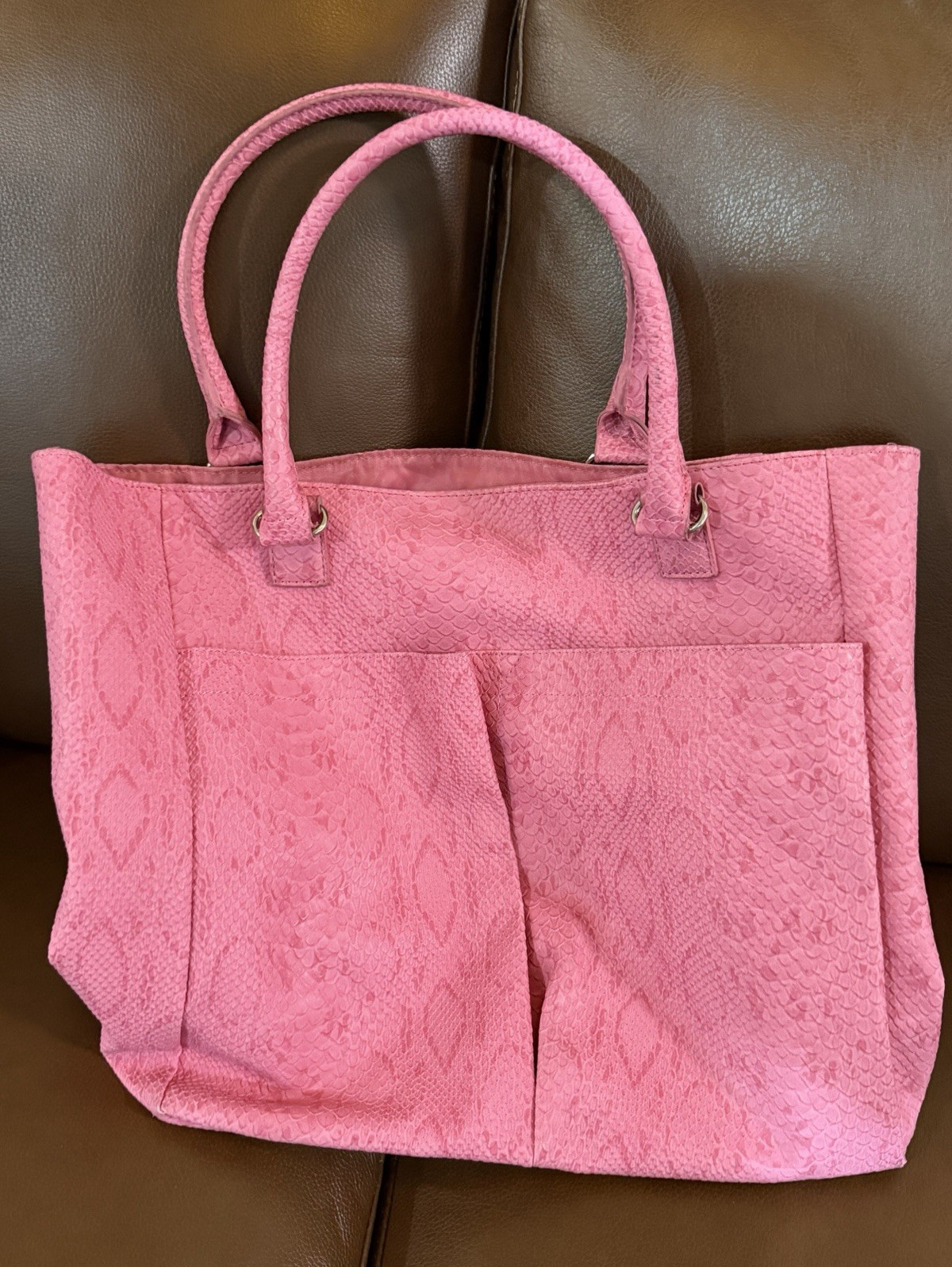 Women’s Pink Snakeskin Effect Tote Bag, Outer Pockets, Double Handles, Silver