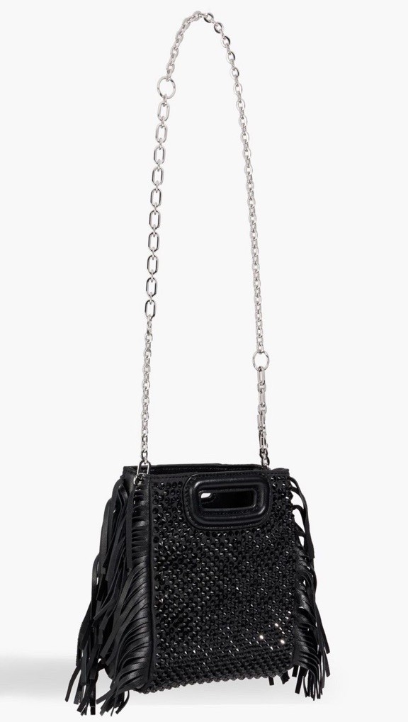 Maje Black Small Crossbody Bag Beaded Fringe Rhinestone Silver Chain Zip
