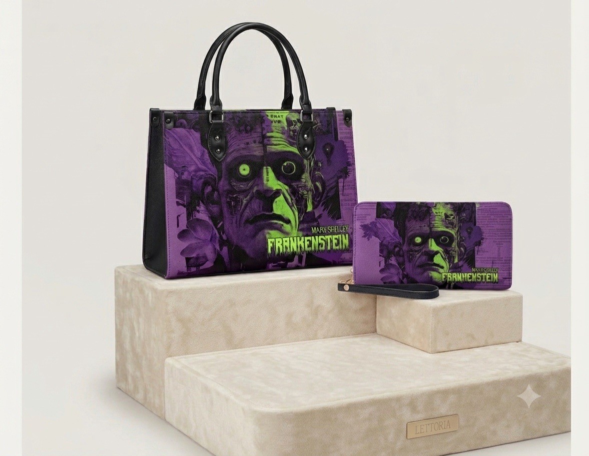 Frankenstein Graphic Print Tote Bag w/ Wristlet Zip Pouch Purple Green Black