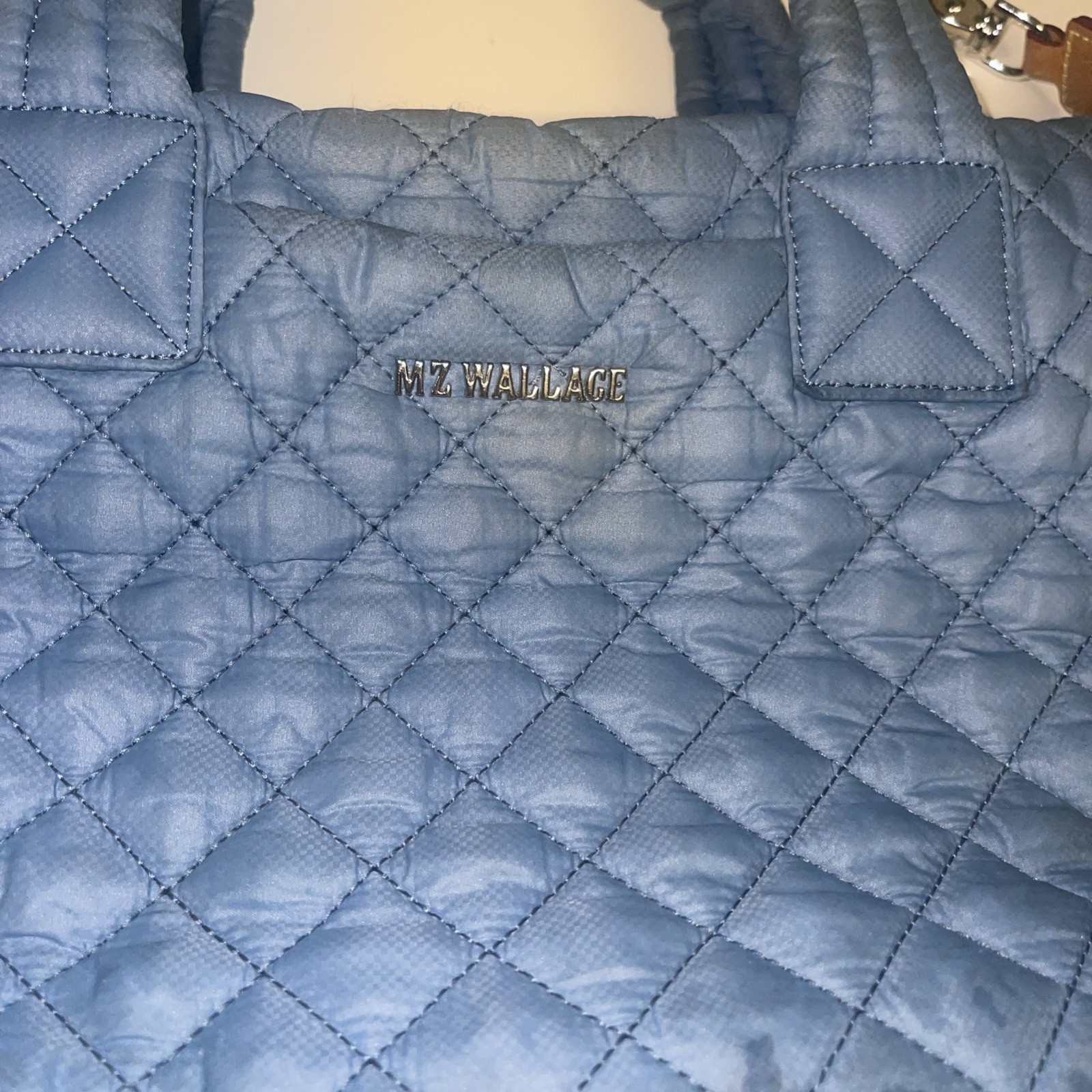 MZ Wallace Quilted Bag Blue Leather Trim Crossbody As Is