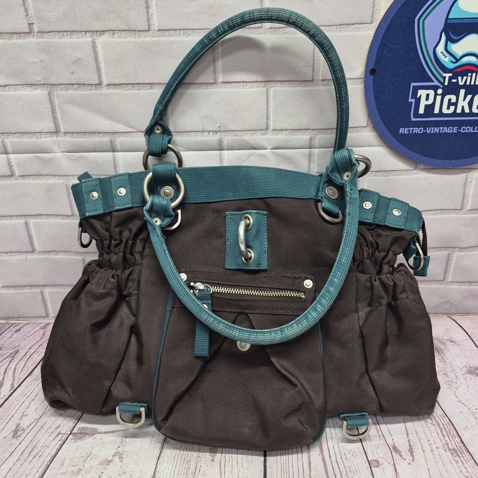 George Gina & Lucy Brown/Teal Satchel Top Handle Zip Bag *No Strap