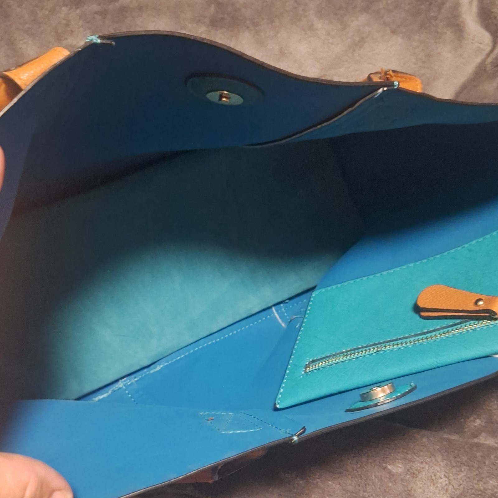 Turquoise/Brown Large Tote Bag Magnetic Closure Double Handles Removable Pouch