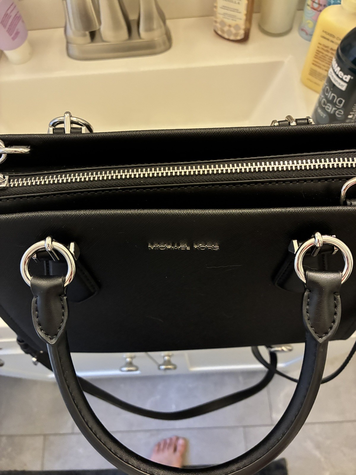 Michael Kors Marilyn Women Medium Leather Crossbody Black Satchel Purse Bag