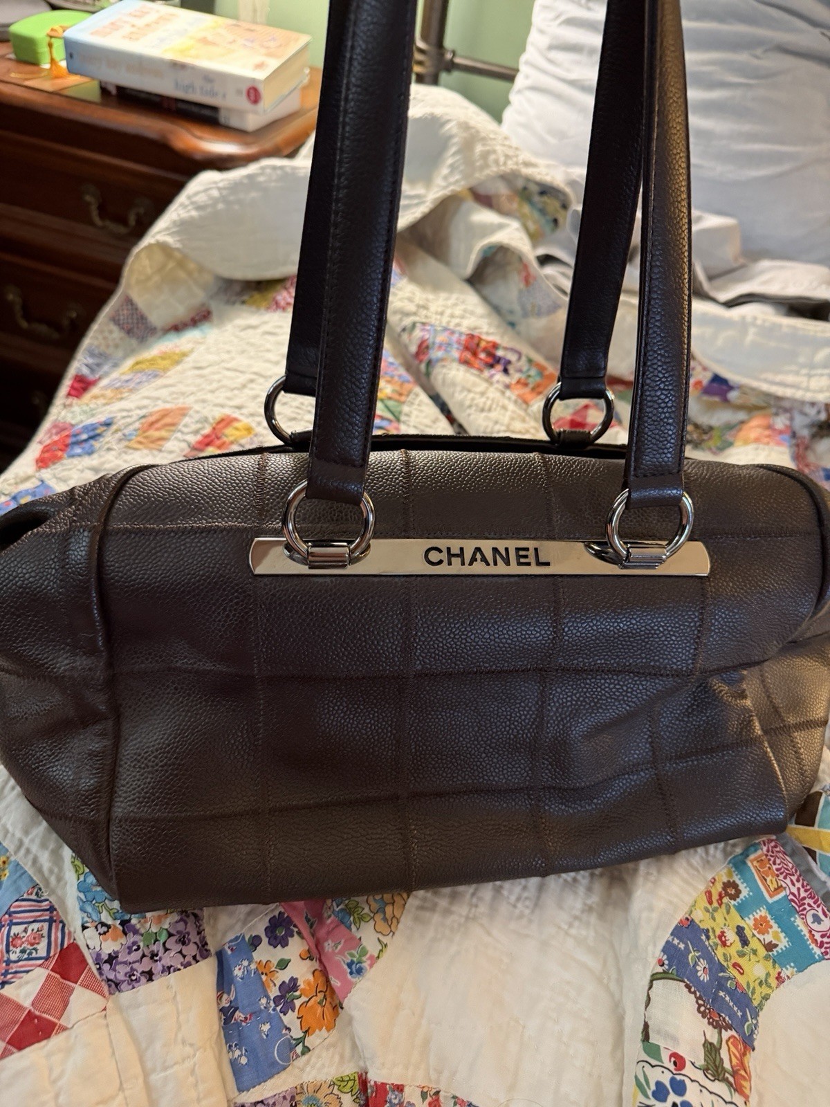 Vintage CHANEL Brown Square Stitch Caviar Leather Bowler Bag