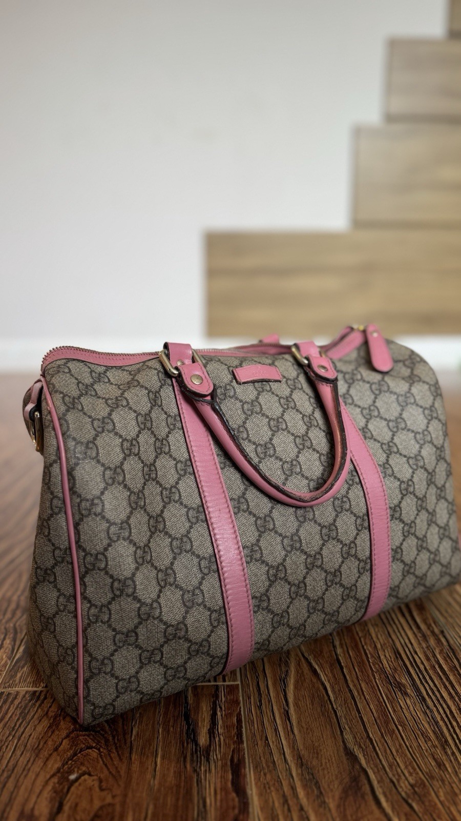 Gucci GG Canvas Joy Boston Medium Bag Used Brown Pink 100% Authentic