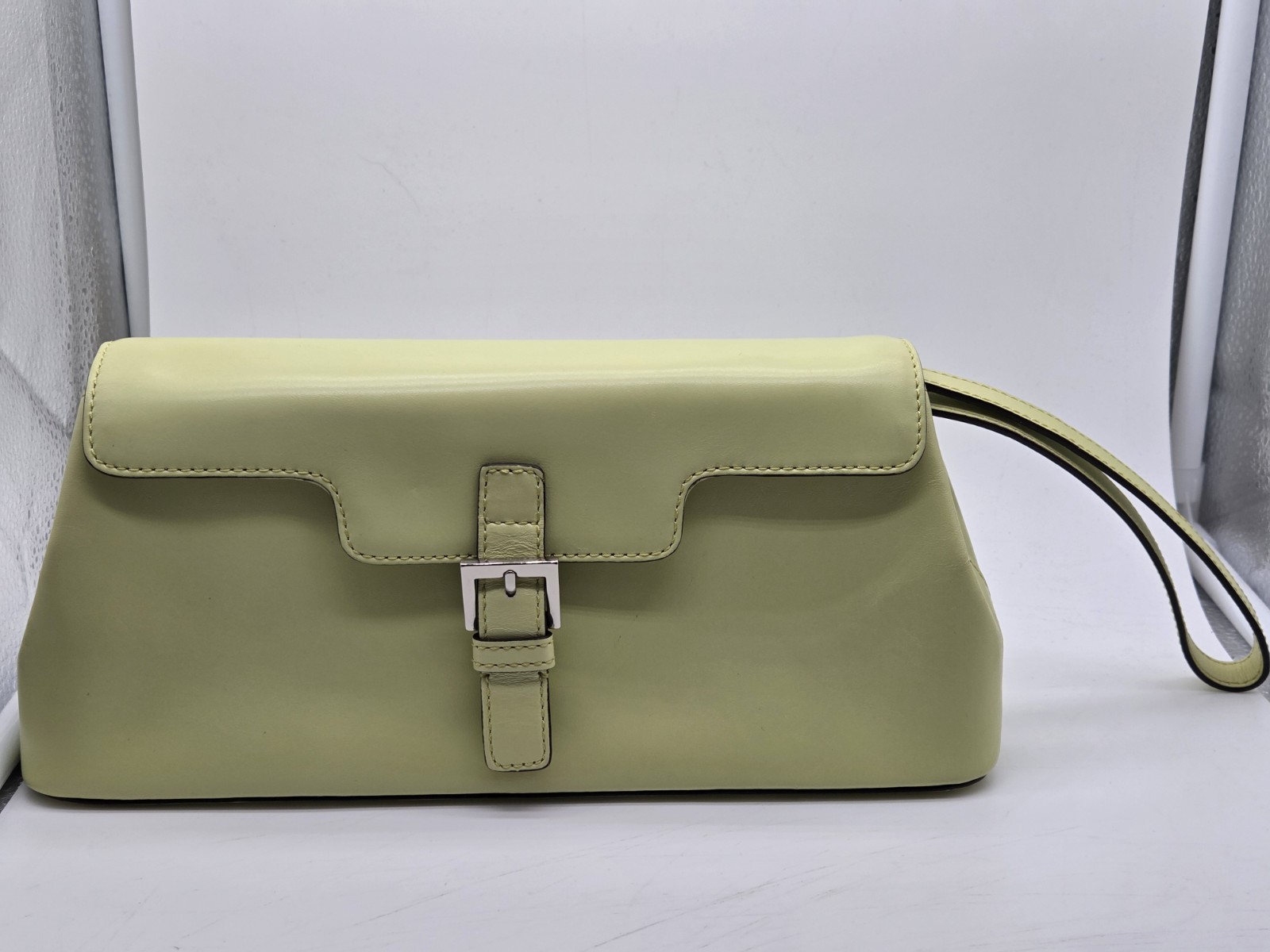 Adrienne Vittadini Light Green Leather Wristlet Clutch Bag Silver Buckle…
