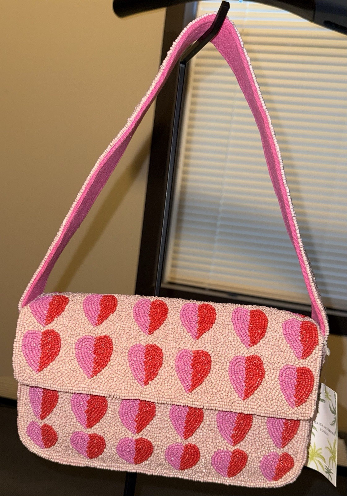 America & Beyond Pink/Red Beaded Heart Shoulder Bag Magnetic Close Lined Pockets