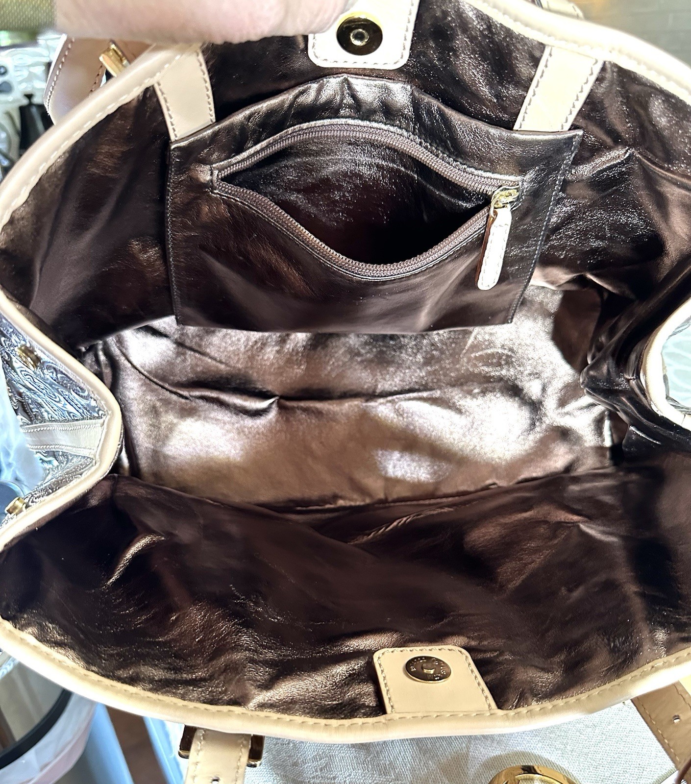 Michael Kors Grayson Large Tote Cocoa Mirror Metallic Monogram Patent Bag
