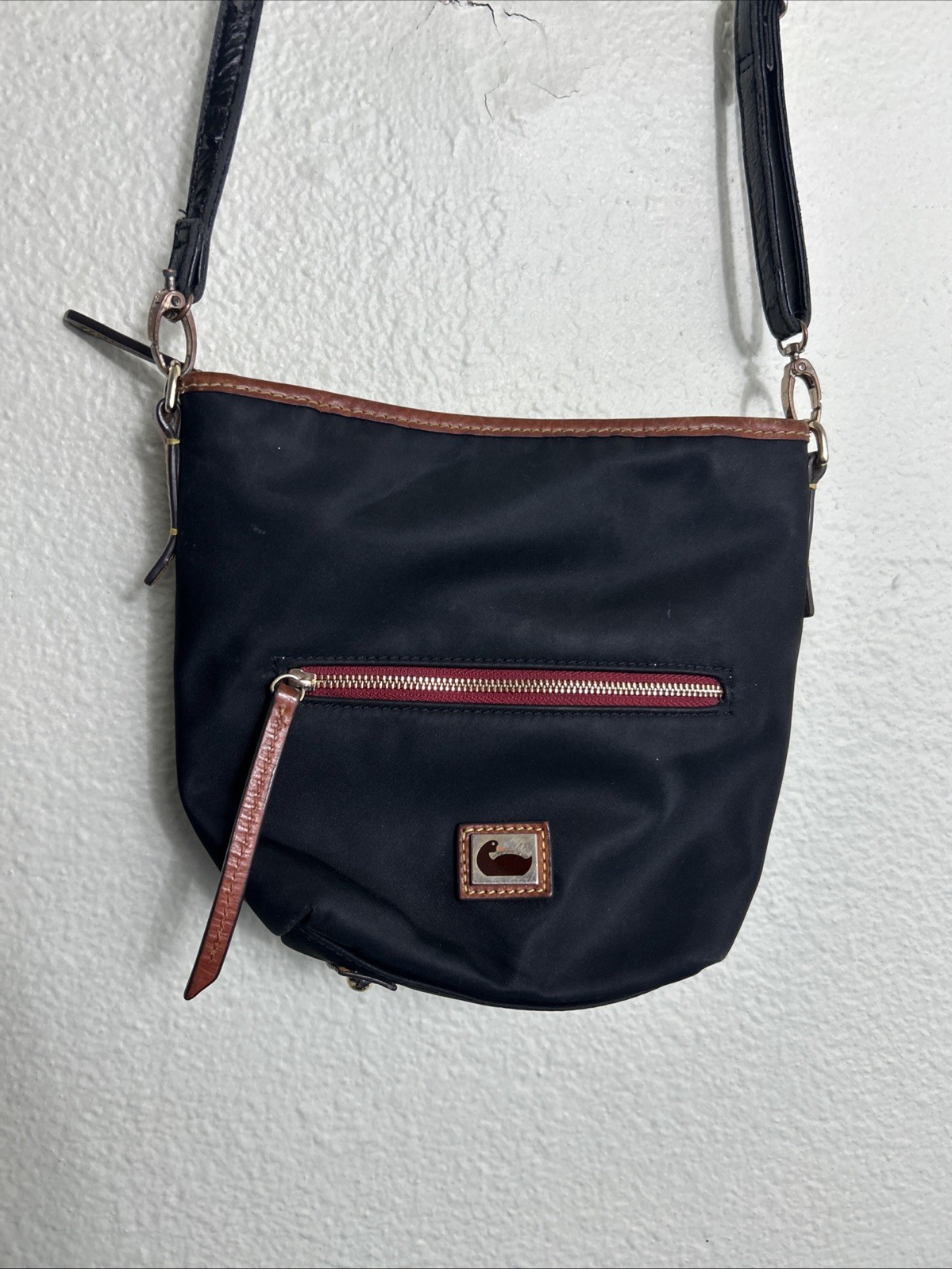 Dooney Bourke Small Black Polyester Shoulder Bag Leather Trim 8×5.5×3 Peeling