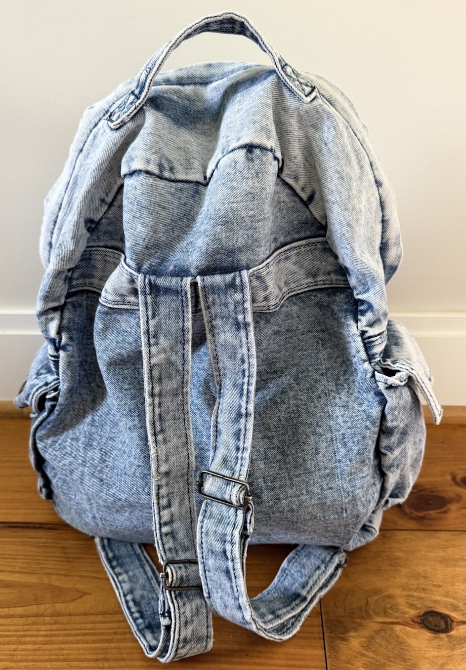 Vintage Acid Wash Denim Backpack Multi Pocket Utility Book Bag 80s 90s Blue