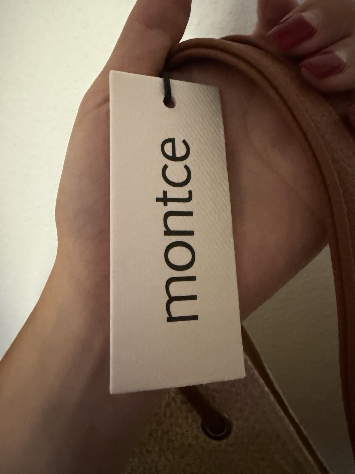 NWT | Montce Beige Bucket Drawstring Crossbody Bag Brown Strap Gold Hardware