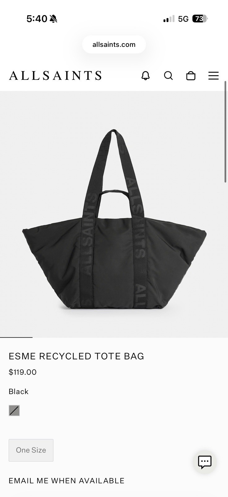 MSRP $119 SOLD OUT AllSaints Esme Recycled Tote Bag Black