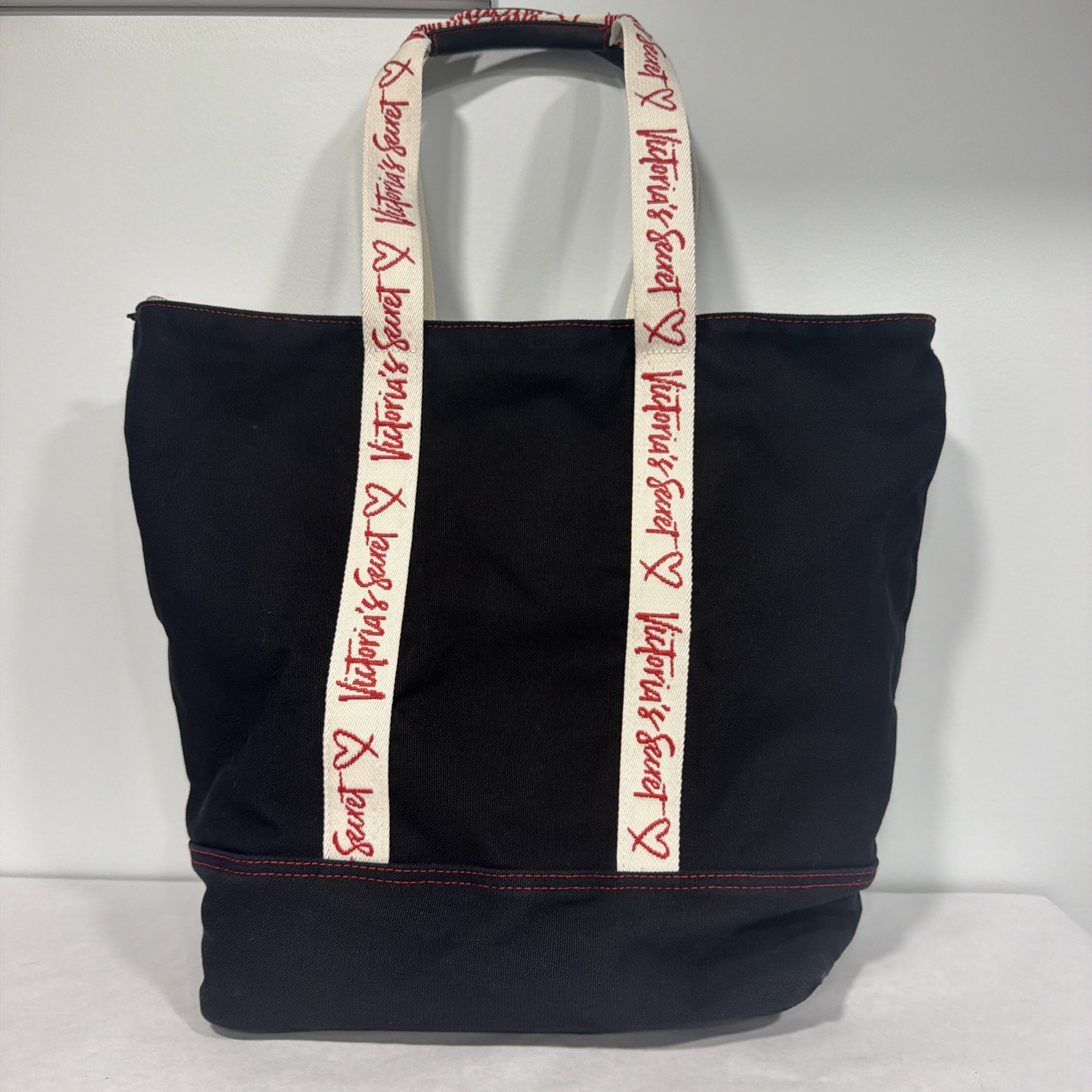 Victoria’s Secret Black Canvas Tote Bag Red Stitching Logo, Logo Strap, Zip Top