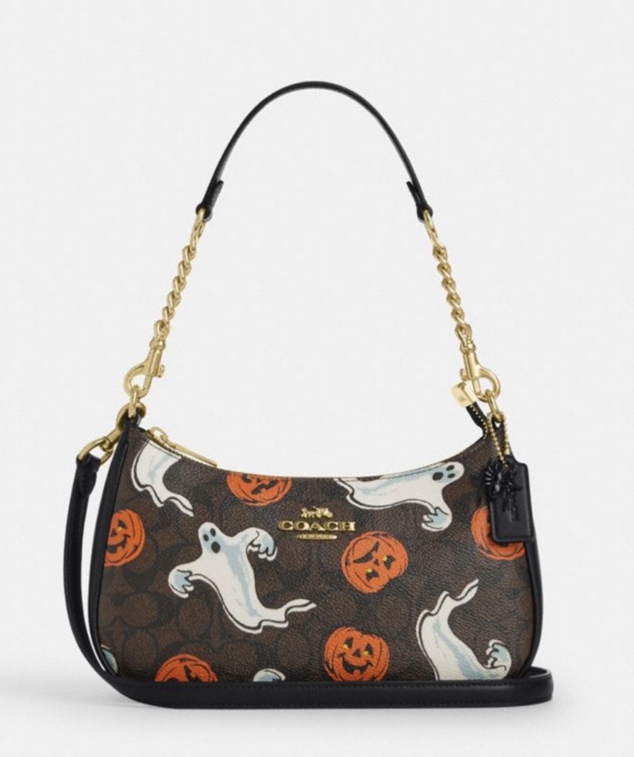 NWT Coach Teri Shoulder Bag In Signature Canvas Pumpkin Halloween Print CCE71
