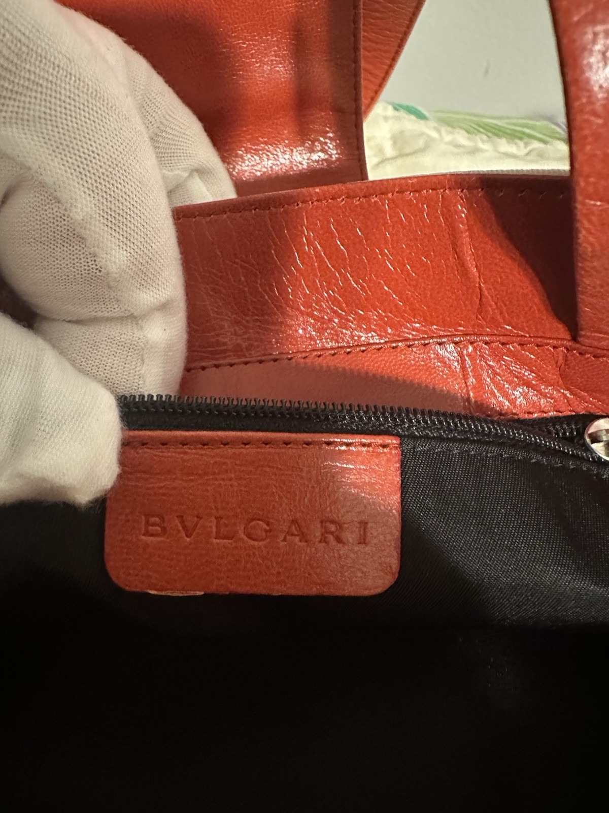 BVLGARI Beige/Brown Logo Shoulder Bag, Red Leather Strap, Zip, Silver HW