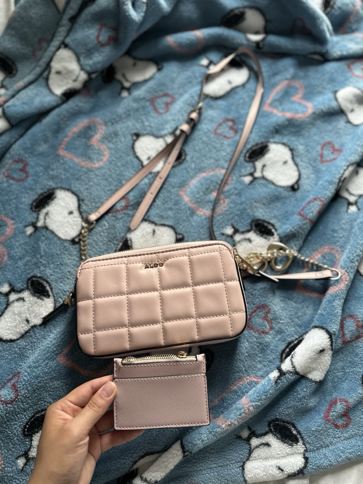 ALDO Pink Quilted Crossbody Bag Gold Chain Strap Heart Charm Zip Closure