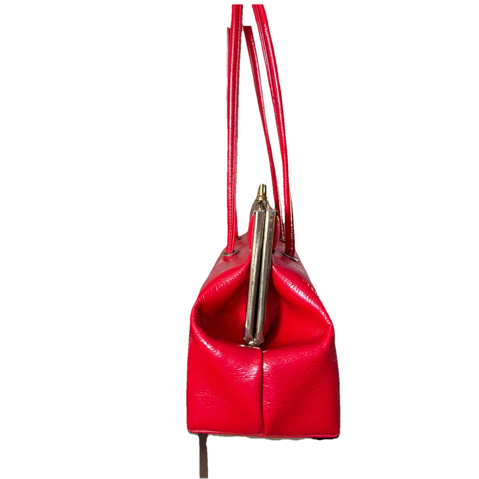 Double Handle Kiss Closure Textured Vinyl 1950s Bright Red Purse Handbag