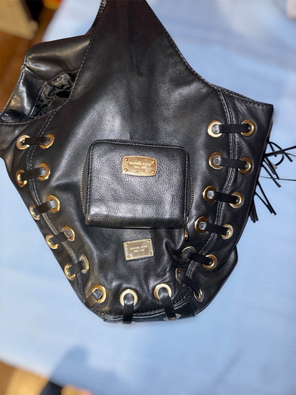 Michael Kors Black Hobo Shoulder Bag Grommet Lace-Up Tassel