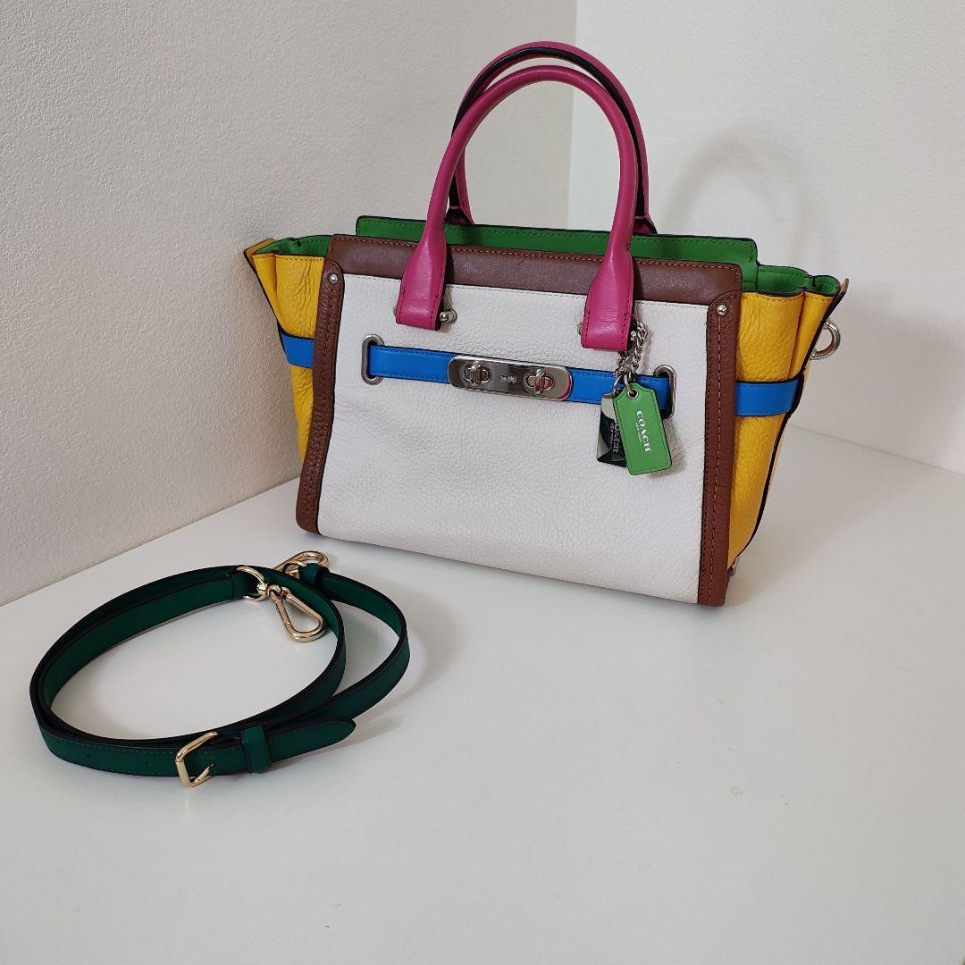 COACH Rainbow Leather 2-Way Tote Bag Shoulder Strap, Size 27.5cm Authentic