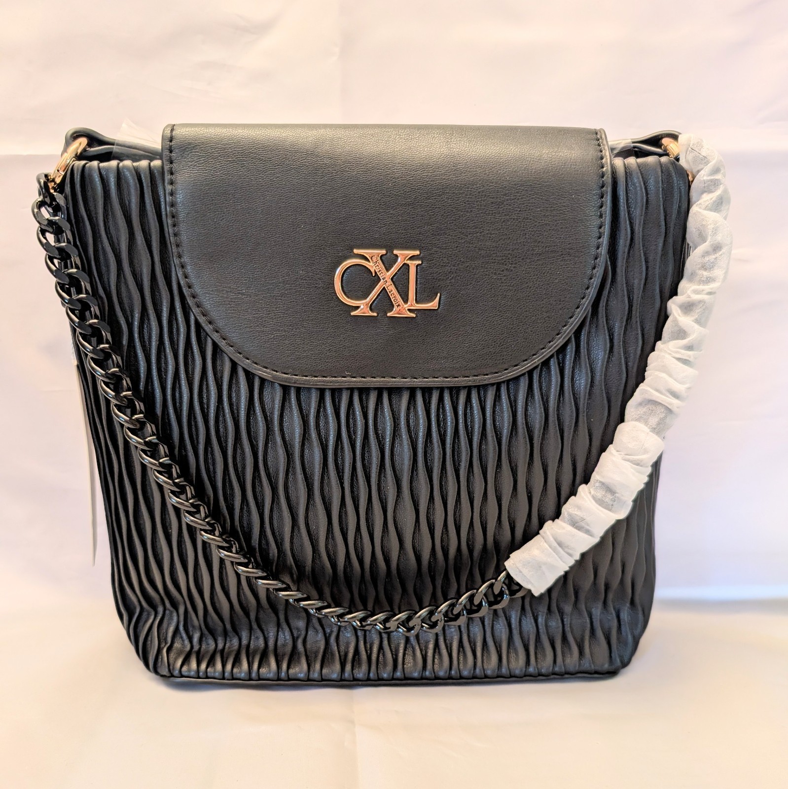CXL by Christian Lacroix Ritz Ruching Bucket Handbag Black Chain Shoulder Strap